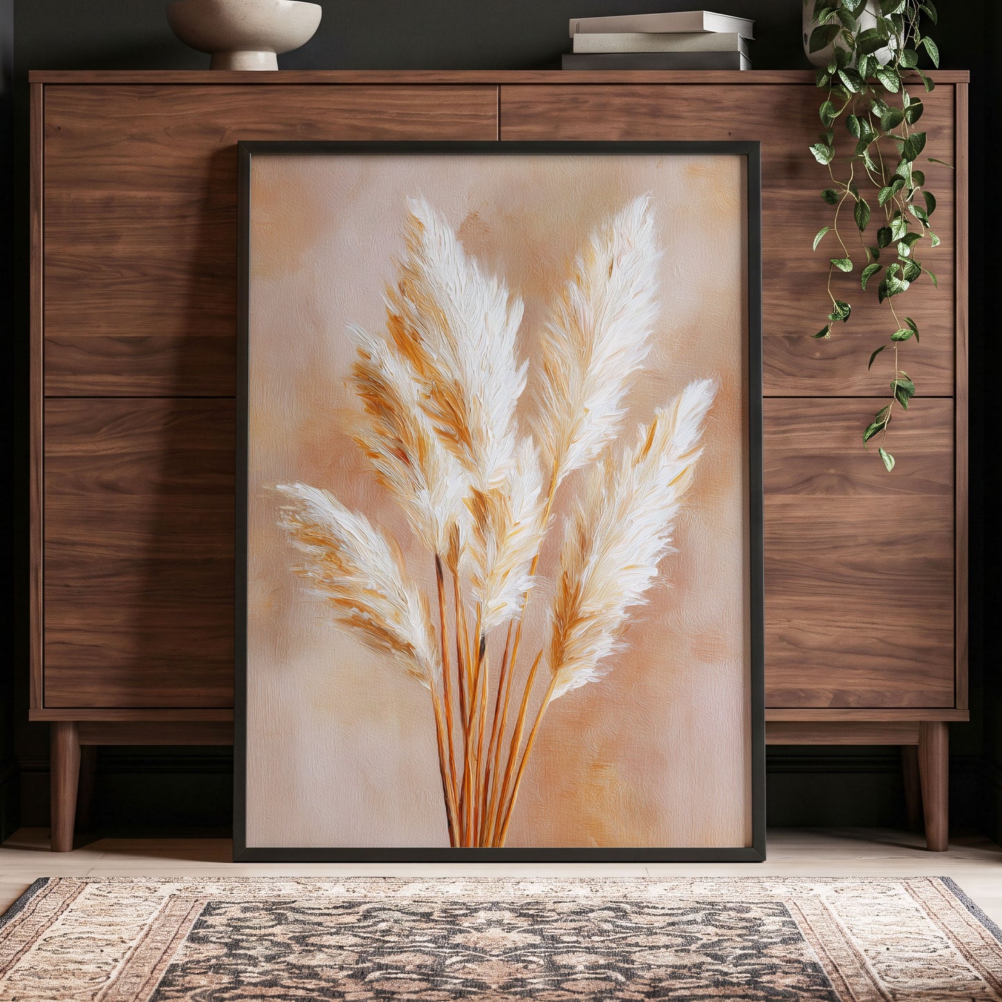 Ivory Pampas Reverie, beige, white, gold nature wall art displayed in a styled interior, gallery view 6