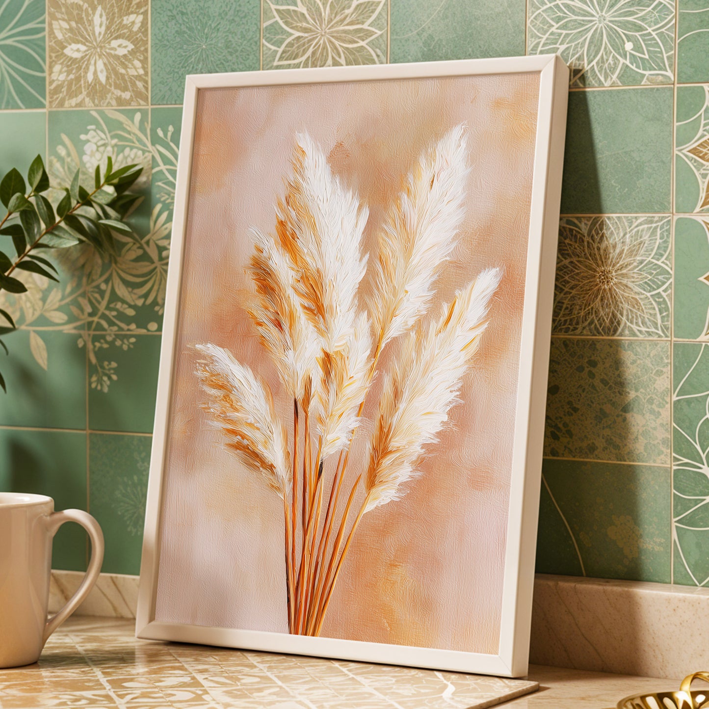 Ivory Pampas Reverie, beige, white, gold nature wall art displayed in a styled interior, gallery view 9