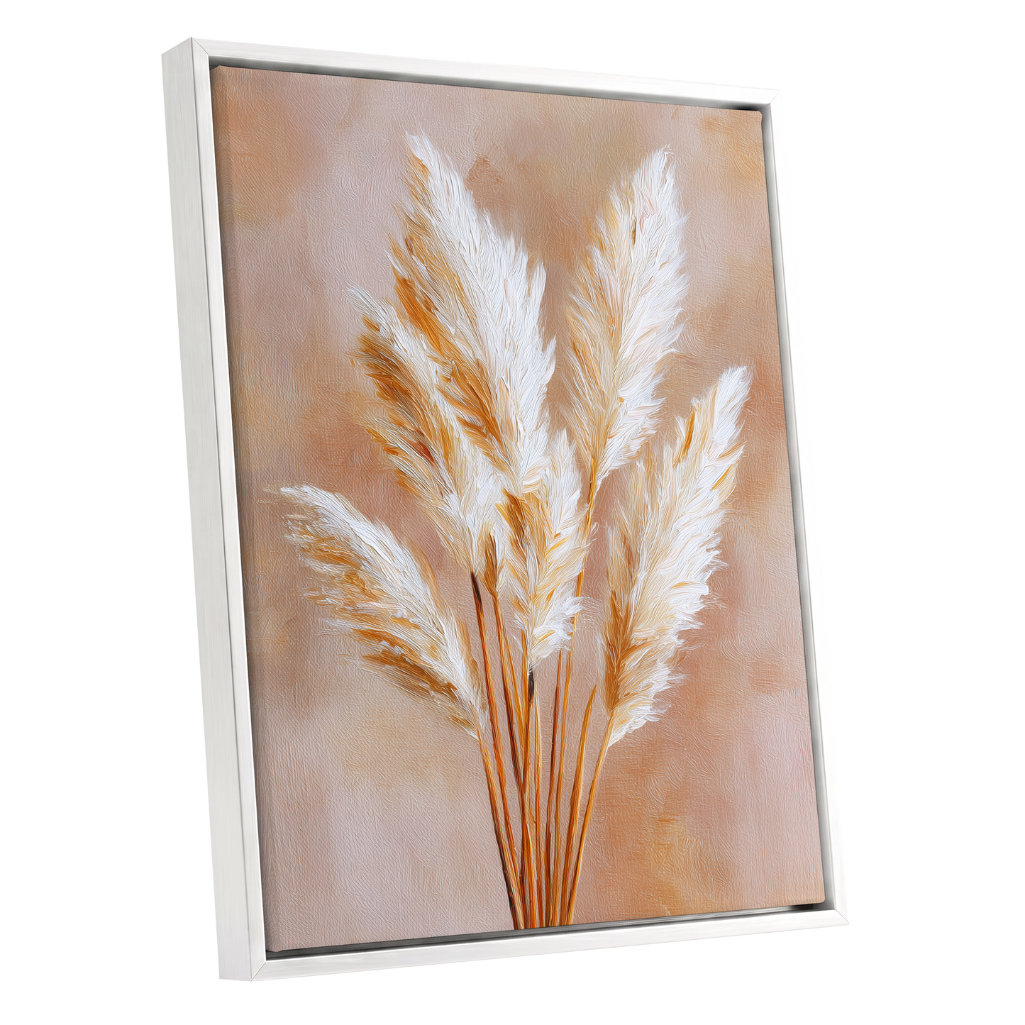 Ivory Pampas Reverie, beige, white, gold nature wall art shown as a white framed canvas wall art