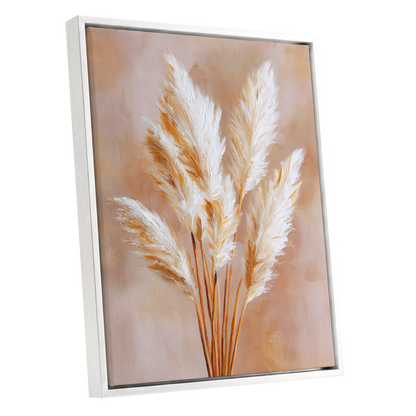 Ivory Pampas Reverie, beige, white, gold nature wall art shown as a white framed canvas wall art