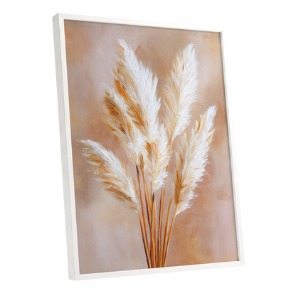 Ivory Pampas Reverie, beige, white, gold nature wall art shown as a white framed poster wall art print
