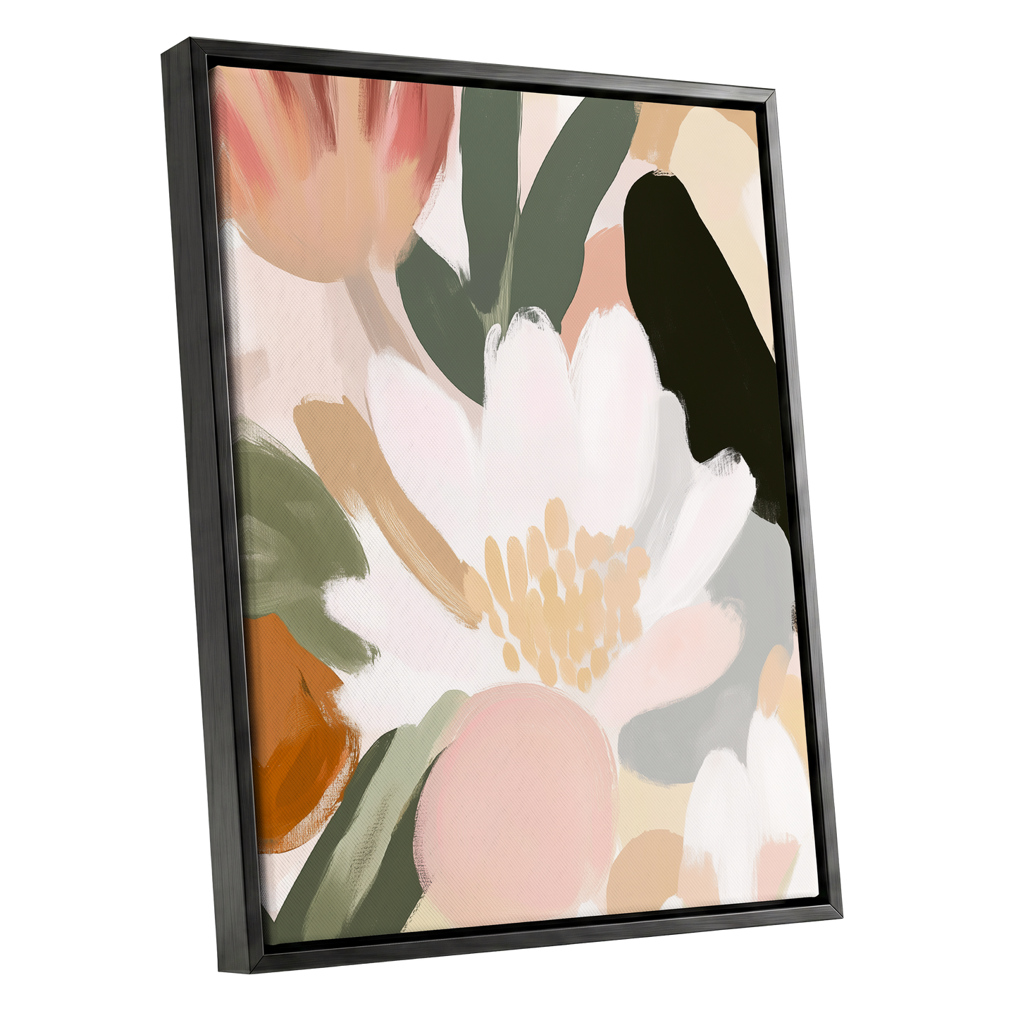 Ivory Petal Chorus, white, green, pink floral wall art shown as a black framed canvas wall art