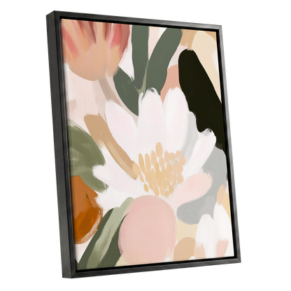 Ivory Petal Chorus, white, green, pink floral wall art shown as a black framed canvas wall art