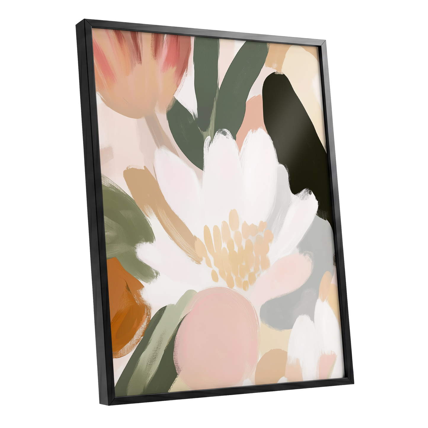 Ivory Petal Chorus, white, green, pink floral wall art shown as a black framed poster wall art print