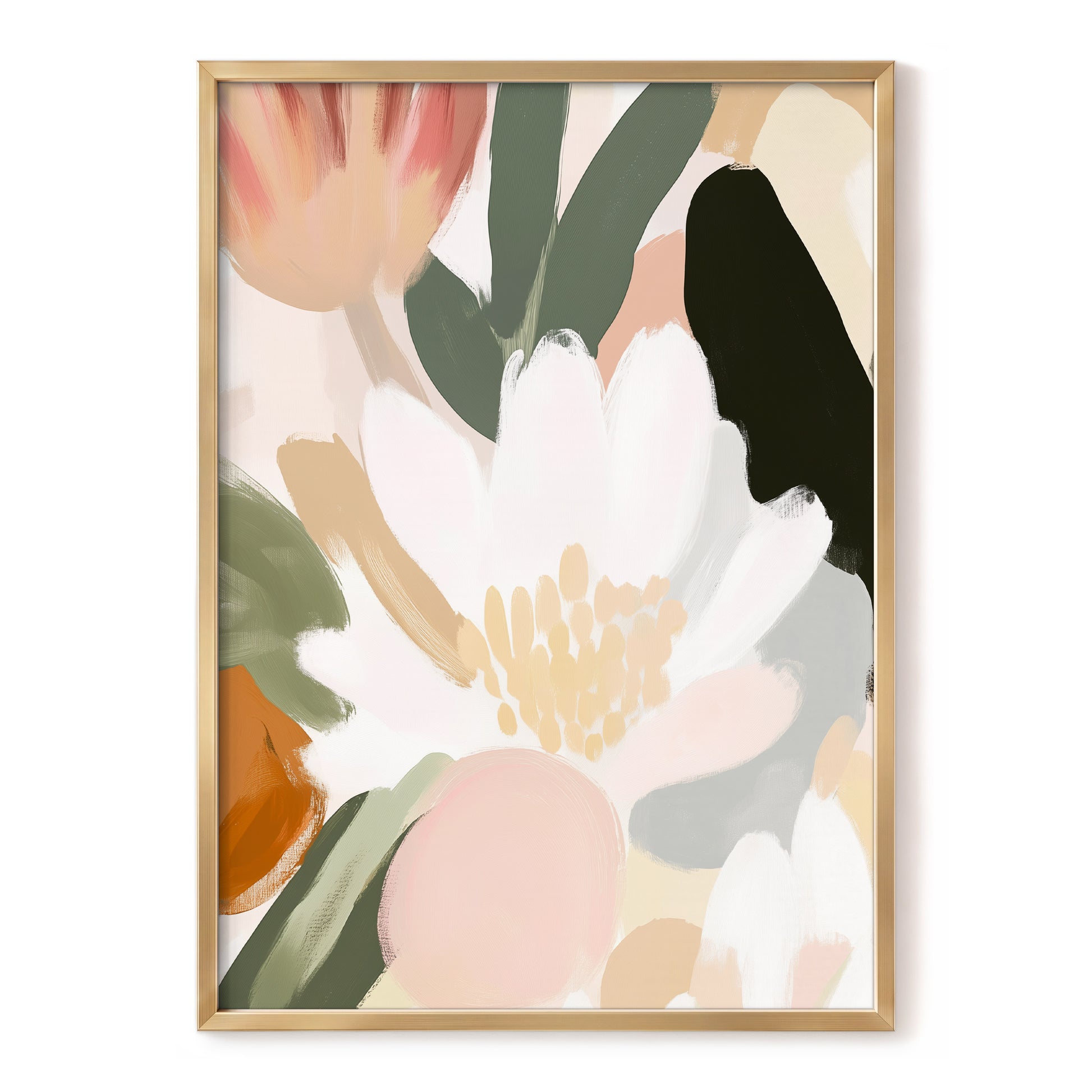 Ivory Petal Chorus, white, green, pink floral wall art, front artwork view