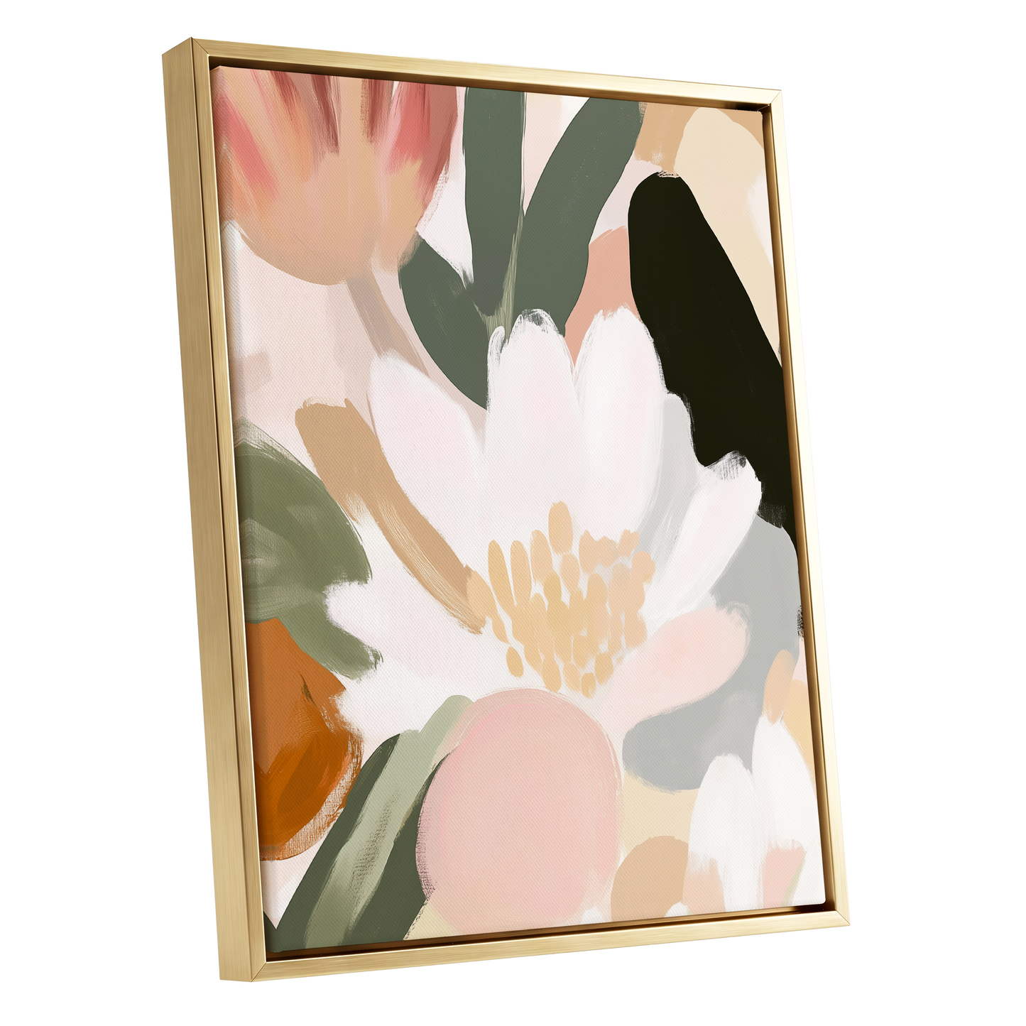 Ivory Petal Chorus, white, green, pink floral wall art shown as a gold framed canvas wall art