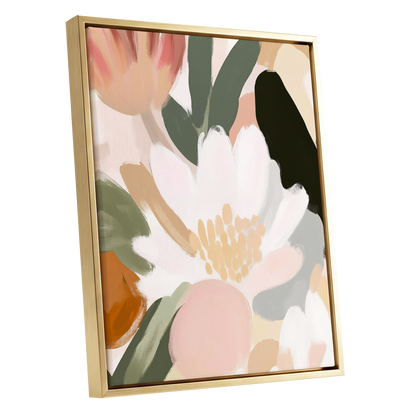 Ivory Petal Chorus, white, green, pink floral wall art shown as a gold framed canvas wall art