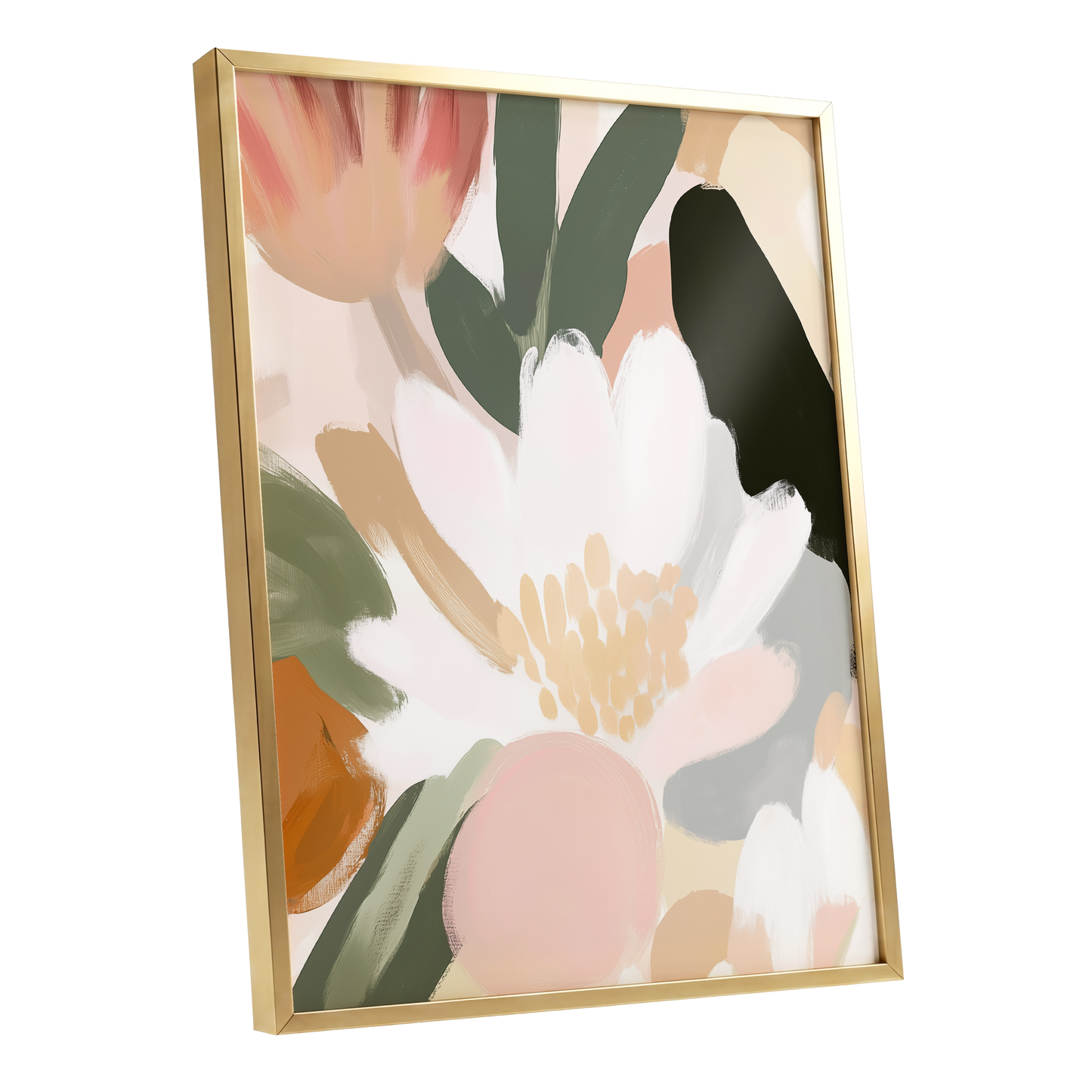 Ivory Petal Chorus, white, green, pink floral wall art shown as a gold framed poster wall art print
