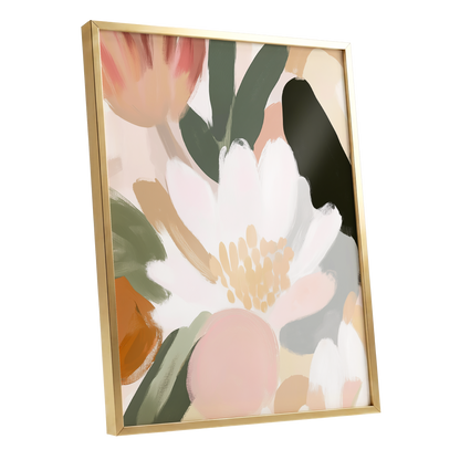 Ivory Petal Chorus, white, green, pink floral wall art shown as a gold framed poster wall art print