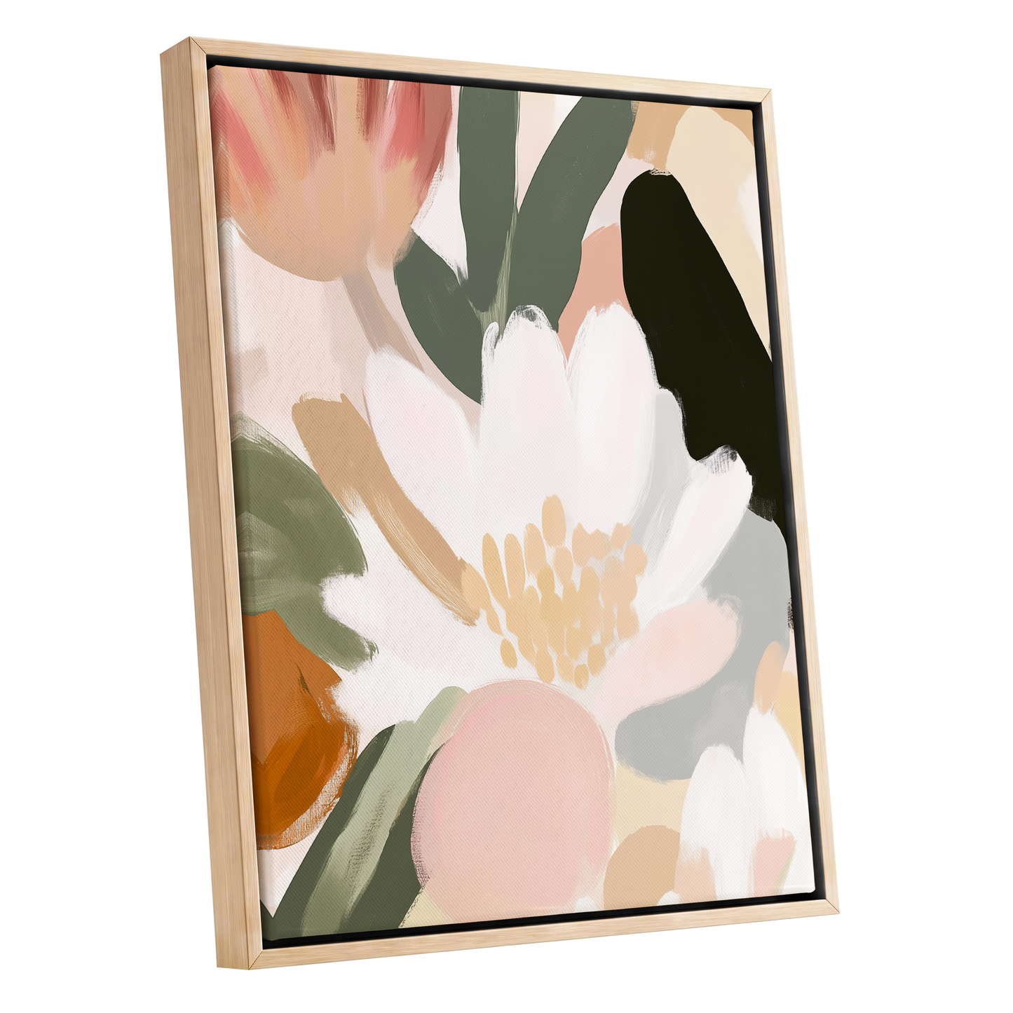 Ivory Petal Chorus, white, green, pink floral wall art shown as a oak framed canvas wall art