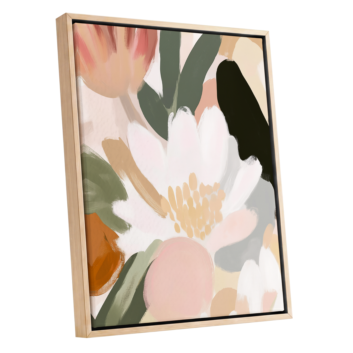 Ivory Petal Chorus, white, green, pink floral wall art shown as a oak framed canvas wall art