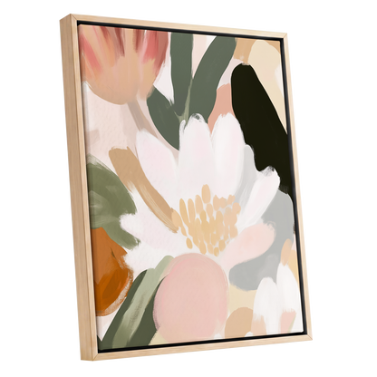 Ivory Petal Chorus, white, green, pink floral wall art shown as a oak framed canvas wall art