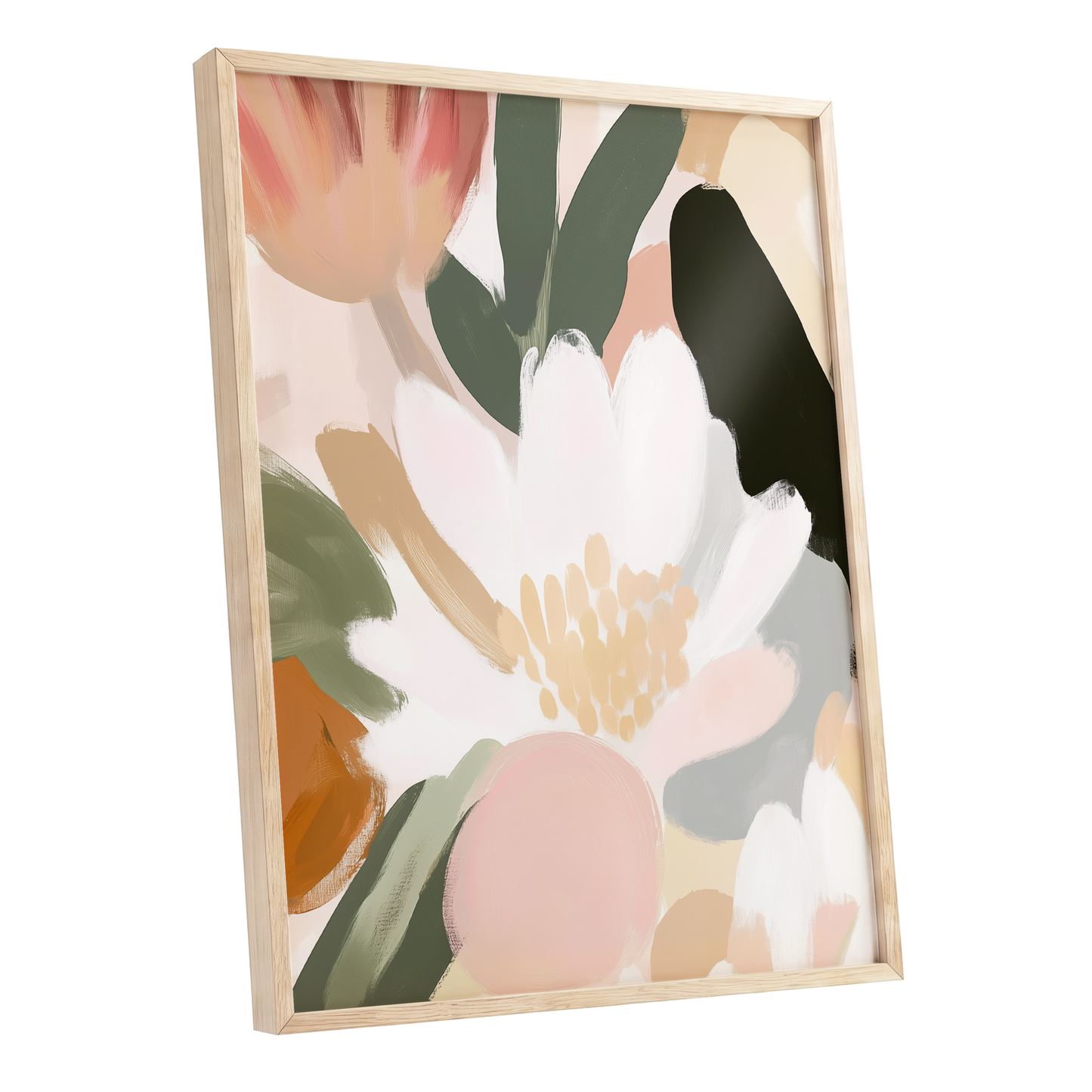 Ivory Petal Chorus, white, green, pink floral wall art shown as a oak framed poster wall art print