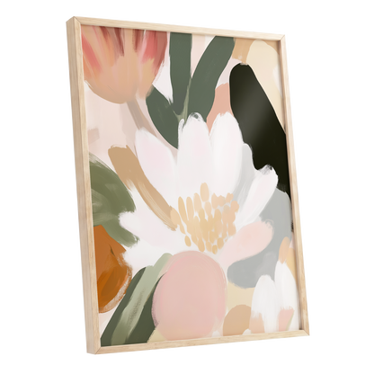 Ivory Petal Chorus, white, green, pink floral wall art shown as a oak framed poster wall art print