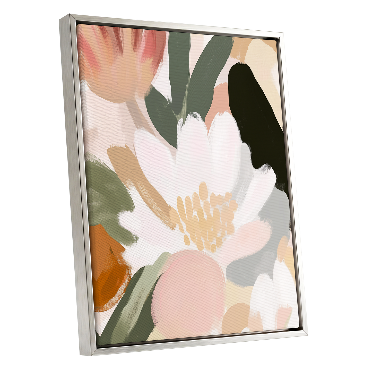 Ivory Petal Chorus, white, green, pink floral wall art shown as a silver framed canvas wall art