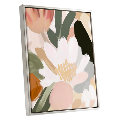 Ivory Petal Chorus, white, green, pink floral wall art shown as a silver framed canvas wall art