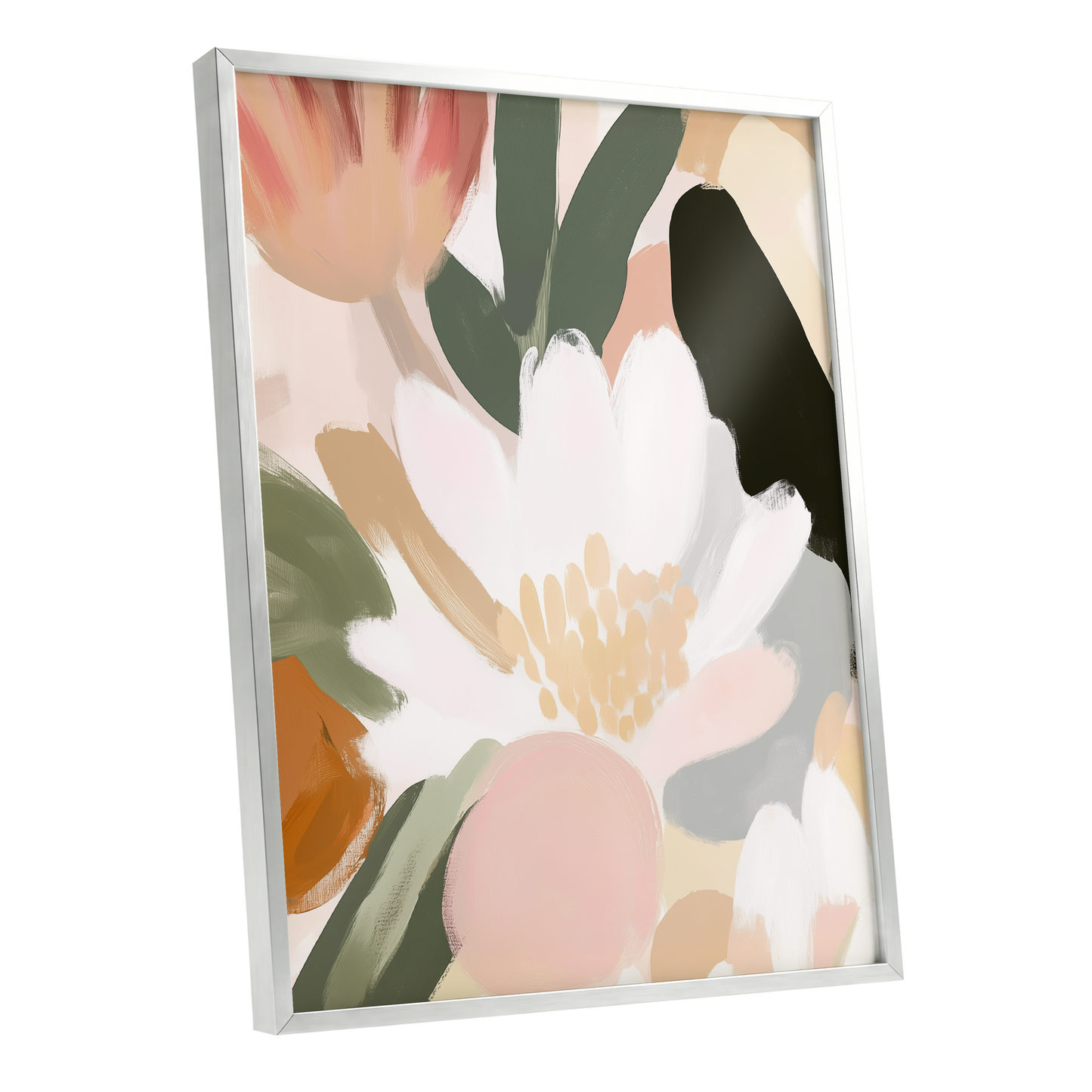 Ivory Petal Chorus, white, green, pink floral wall art shown as a silver framed poster wall art print