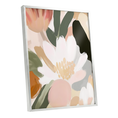 Ivory Petal Chorus, white, green, pink floral wall art shown as a silver framed poster wall art print