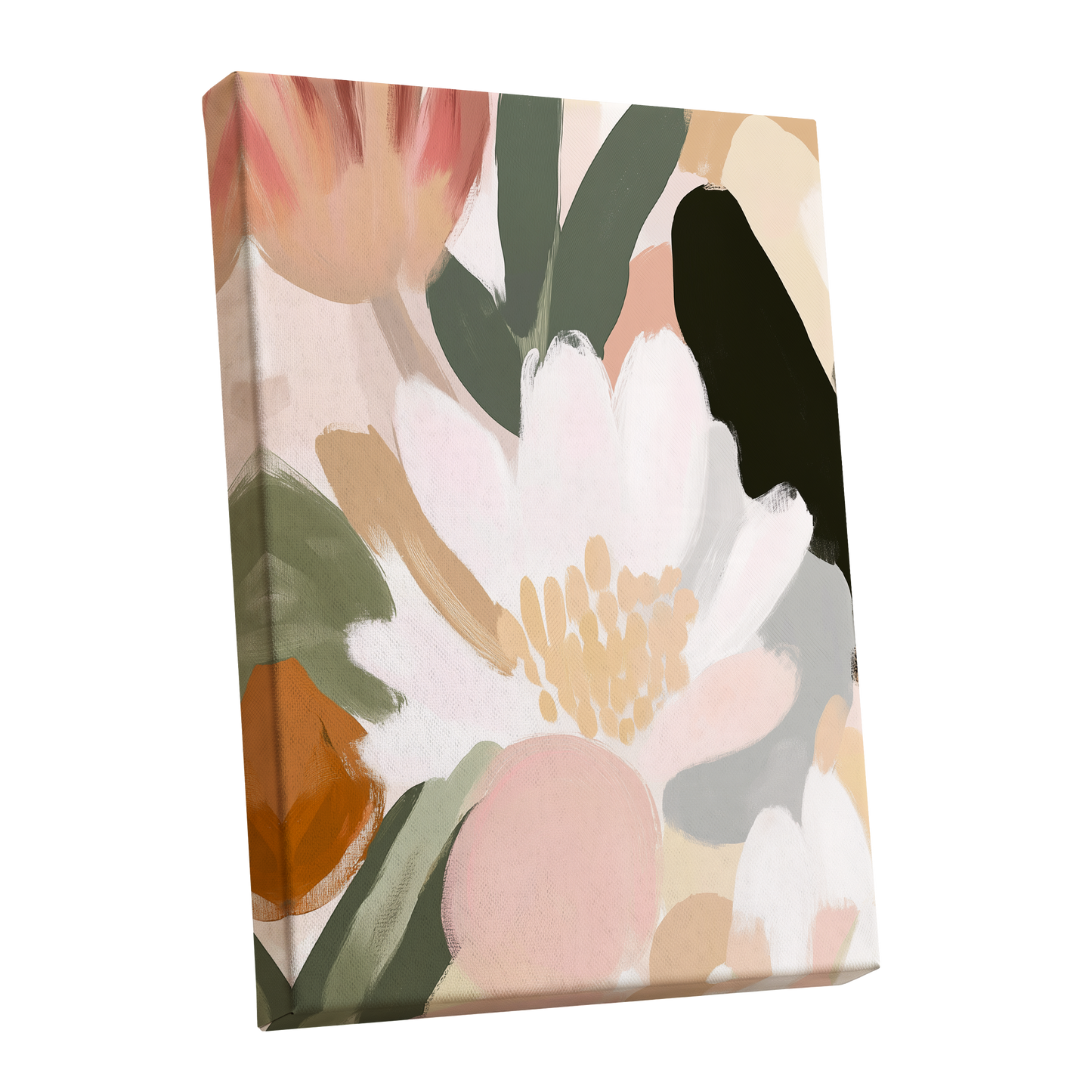 Ivory Petal Chorus, white, green, pink floral wall art shown as a stretched canvas wall art