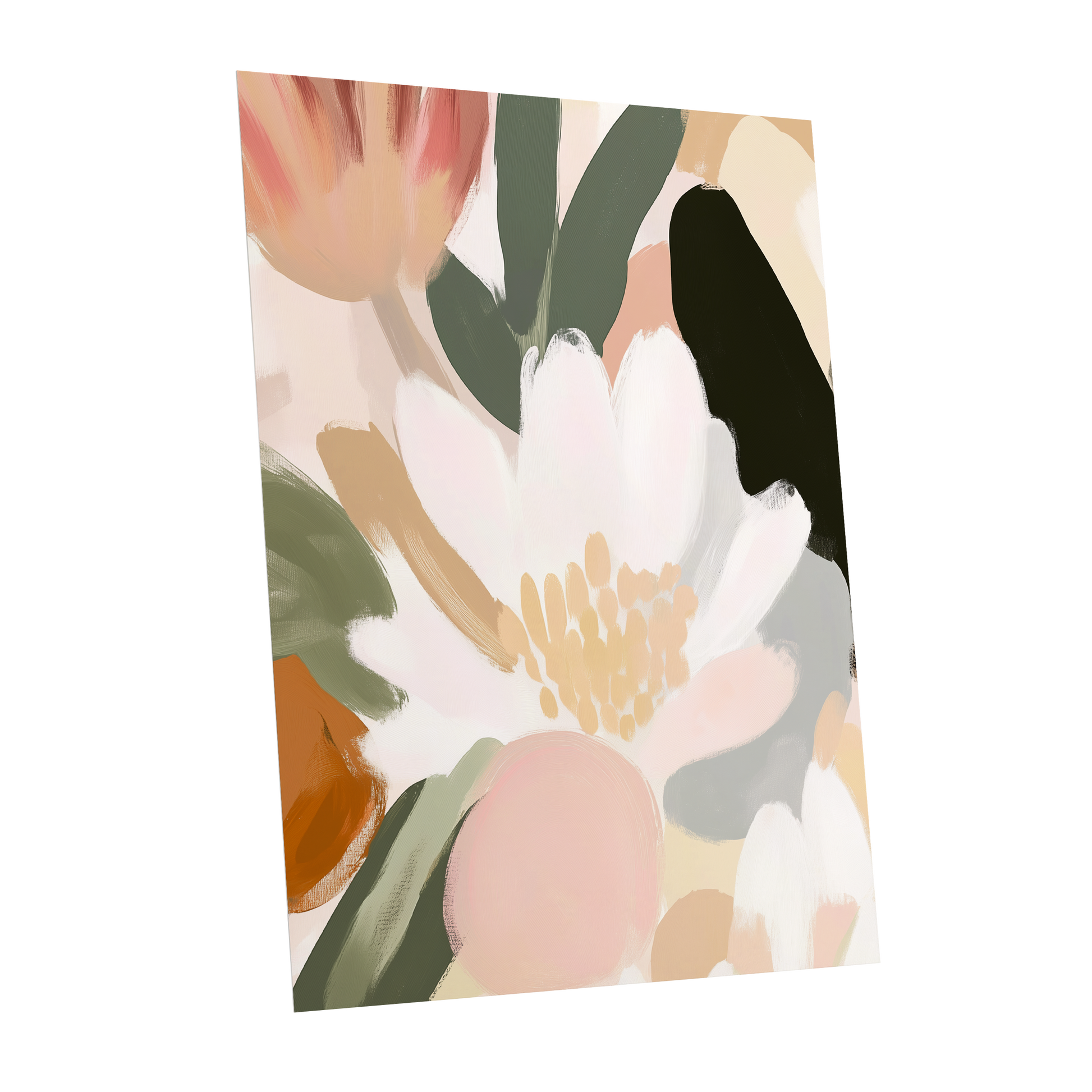 Ivory Petal Chorus, white, green, pink floral wall art shown as a unframed poster wall art print