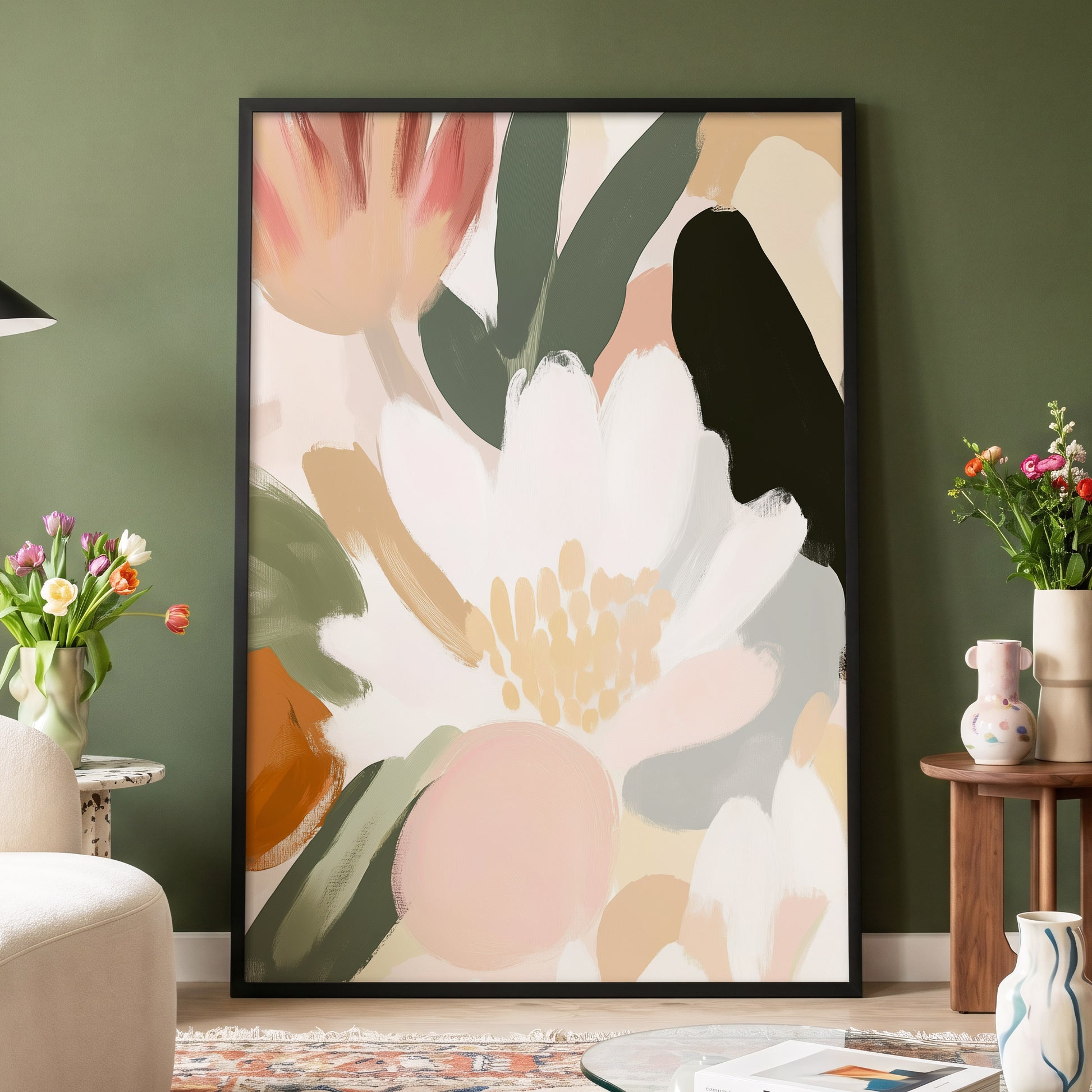 Ivory Petal Chorus, white, green, pink floral wall art displayed in a styled interior, gallery view 2