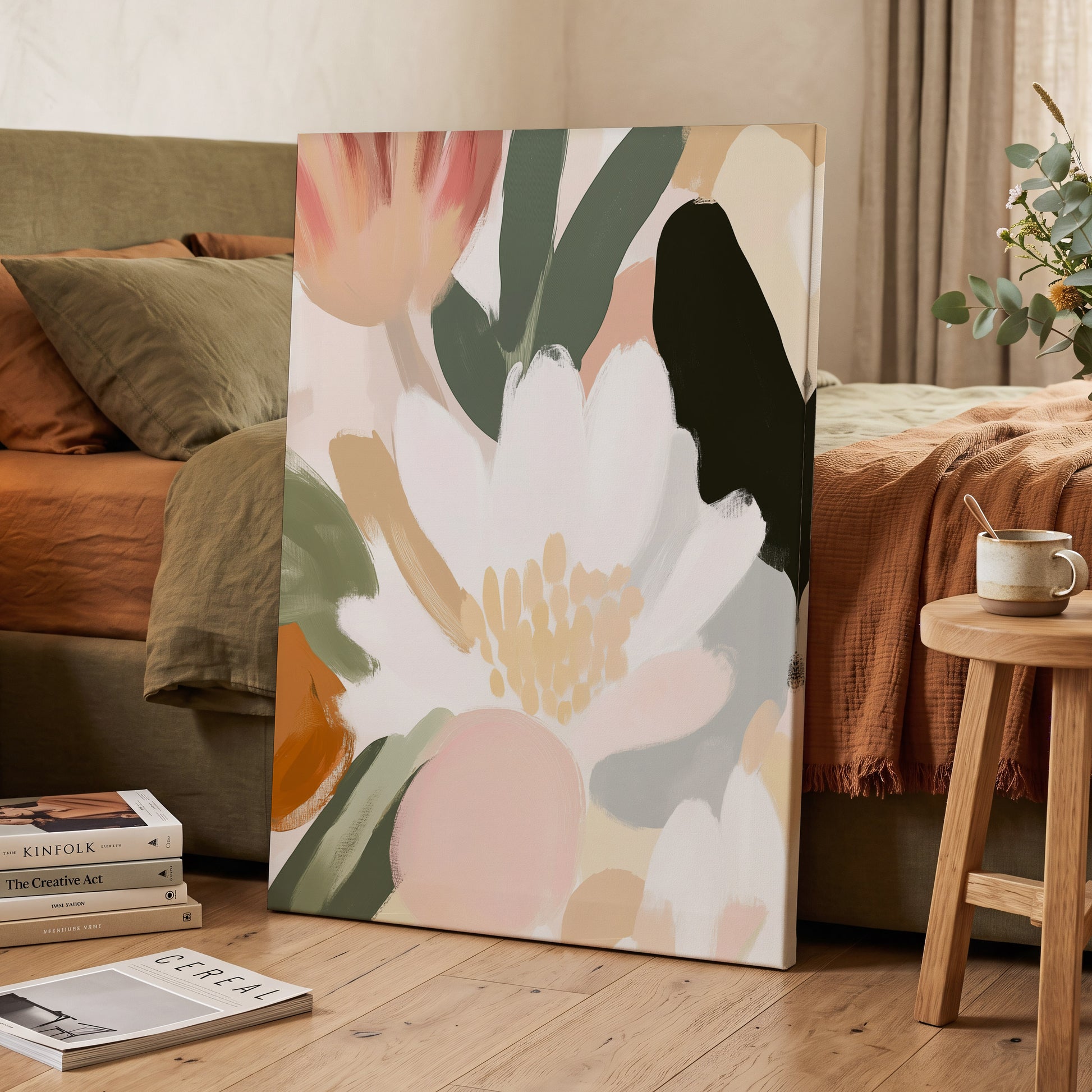 Ivory Petal Chorus, white, green, pink floral wall art displayed in a styled interior, gallery view 3