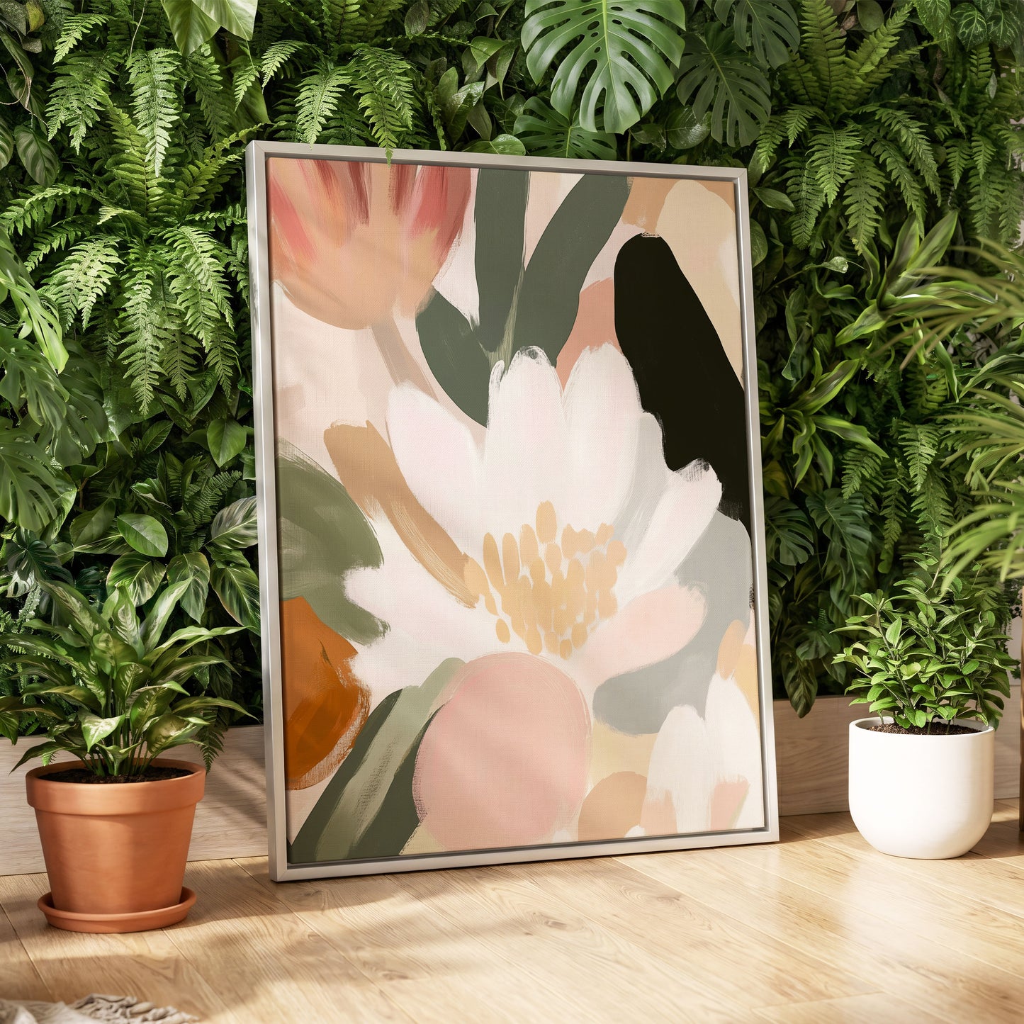 Ivory Petal Chorus, white, green, pink floral wall art displayed in a styled interior, gallery view 4