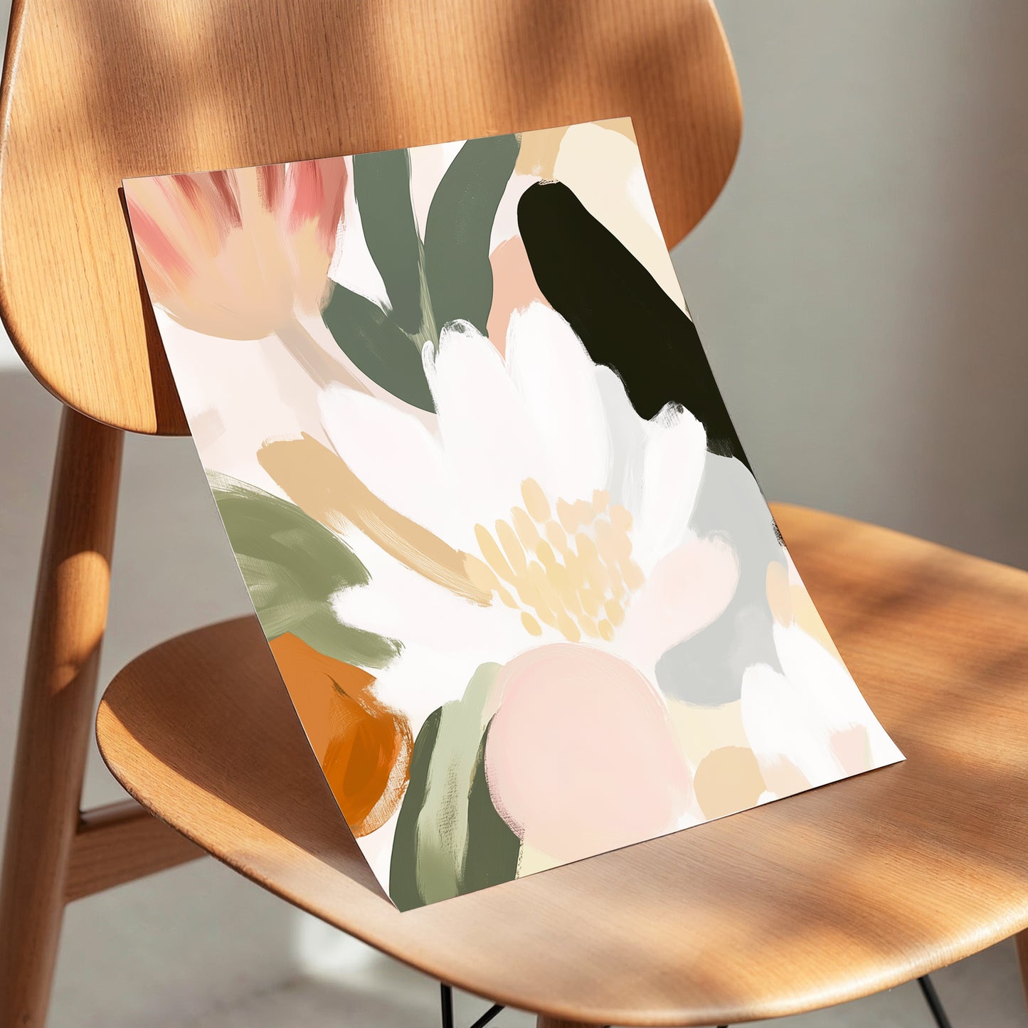 Ivory Petal Chorus, white, green, pink floral wall art displayed in a styled interior, gallery view 5