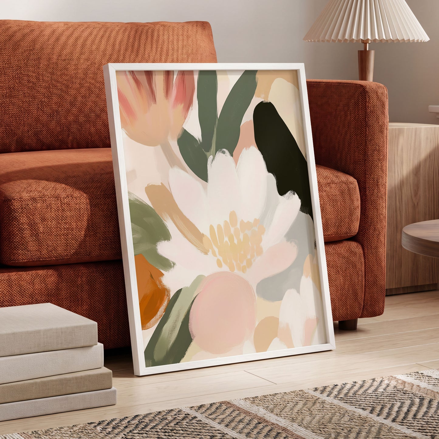 Ivory Petal Chorus, white, green, pink floral wall art displayed in a styled interior, gallery view 6