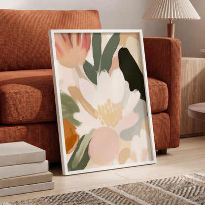 Ivory Petal Chorus, white, green, pink floral wall art displayed in a styled interior, gallery view 6