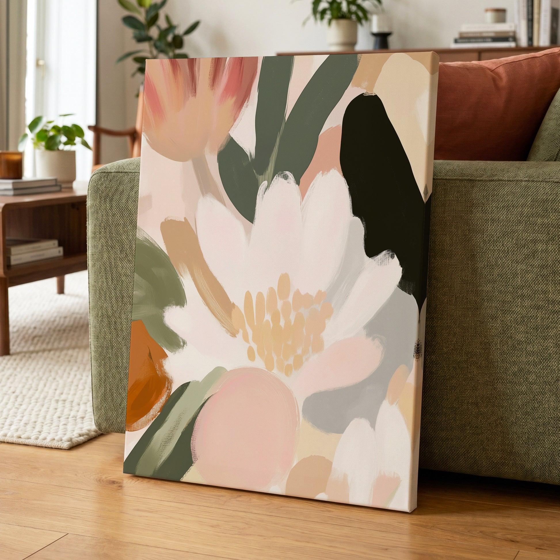 Ivory Petal Chorus, white, green, pink floral wall art displayed in a styled interior, gallery view 7