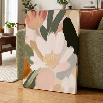 Ivory Petal Chorus, white, green, pink floral wall art displayed in a styled interior, gallery view 7