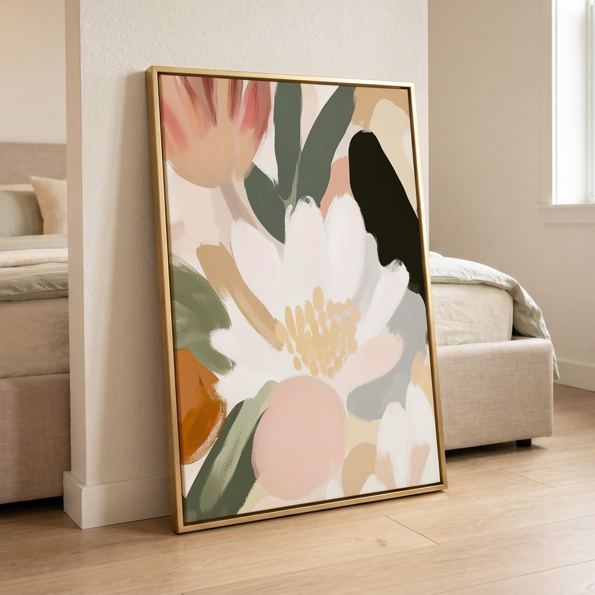 Ivory Petal Chorus, white, green, pink floral wall art displayed in a styled interior, gallery view 8
