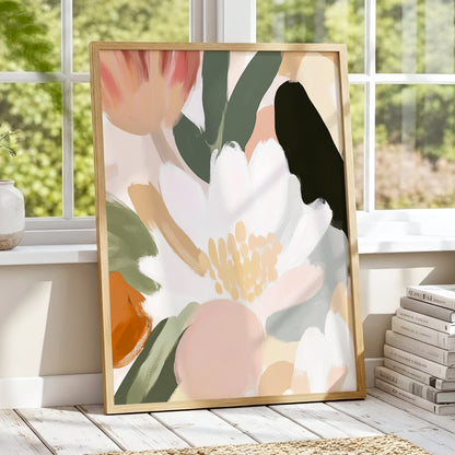 Ivory Petal Chorus, white, green, pink floral wall art displayed in a styled interior, gallery view 9