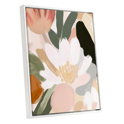 Ivory Petal Chorus, white, green, pink floral wall art shown as a white framed canvas wall art