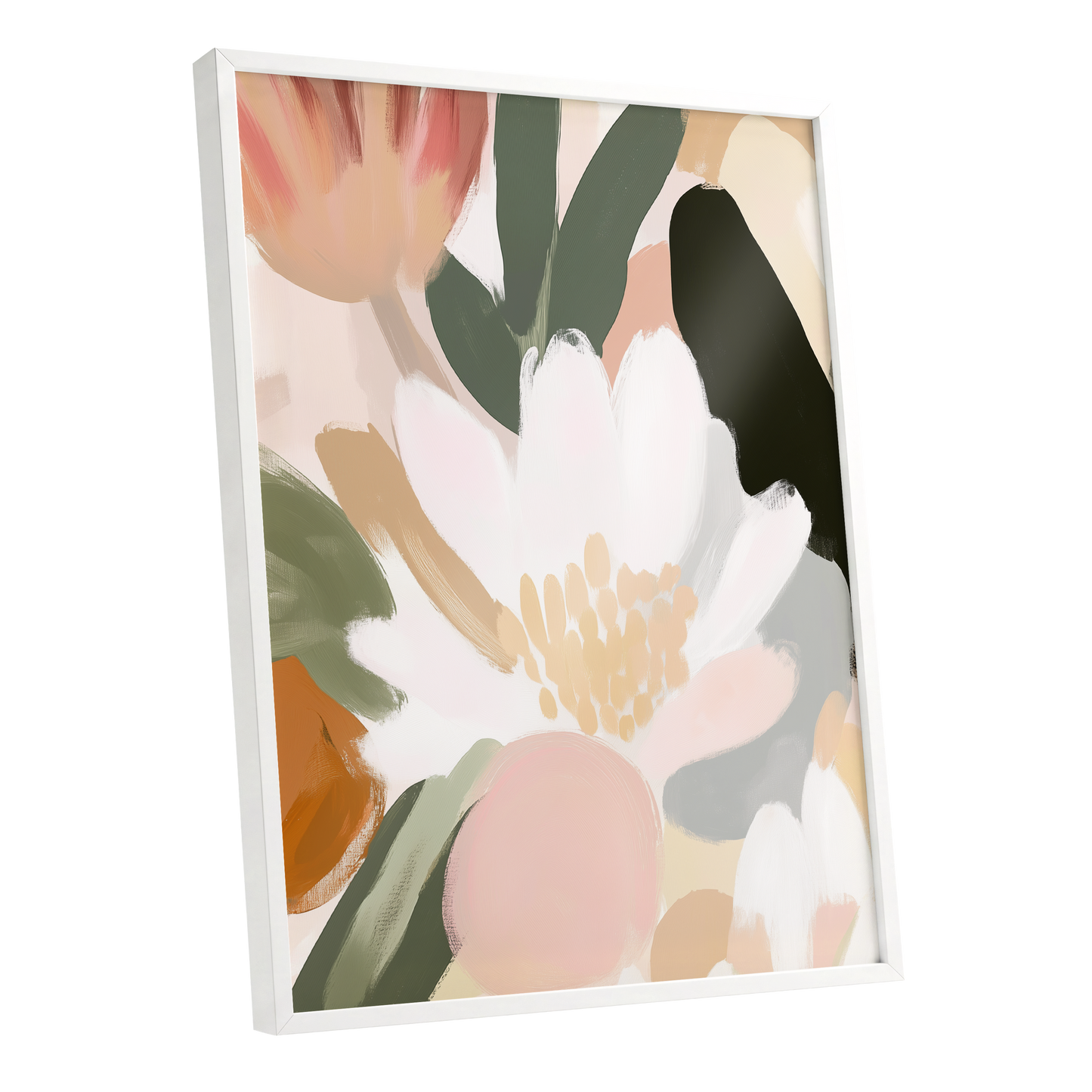 Ivory Petal Chorus, white, green, pink floral wall art shown as a white framed poster wall art print