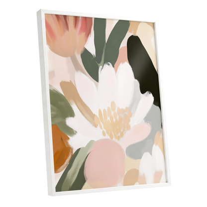 Ivory Petal Chorus, white, green, pink floral wall art shown as a white framed poster wall art print