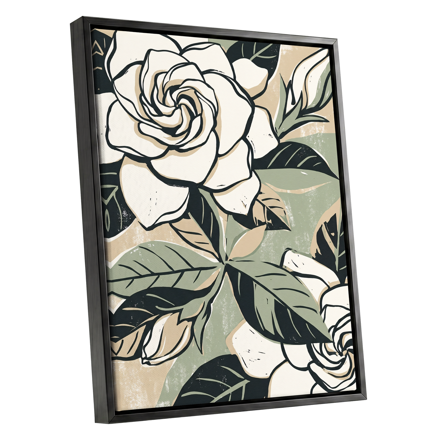 Ivory Rose Reverie, white, green, black floral wall art shown as a black framed canvas wall art