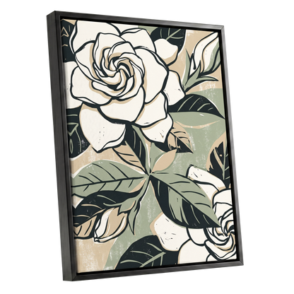 Ivory Rose Reverie, white, green, black floral wall art shown as a black framed canvas wall art