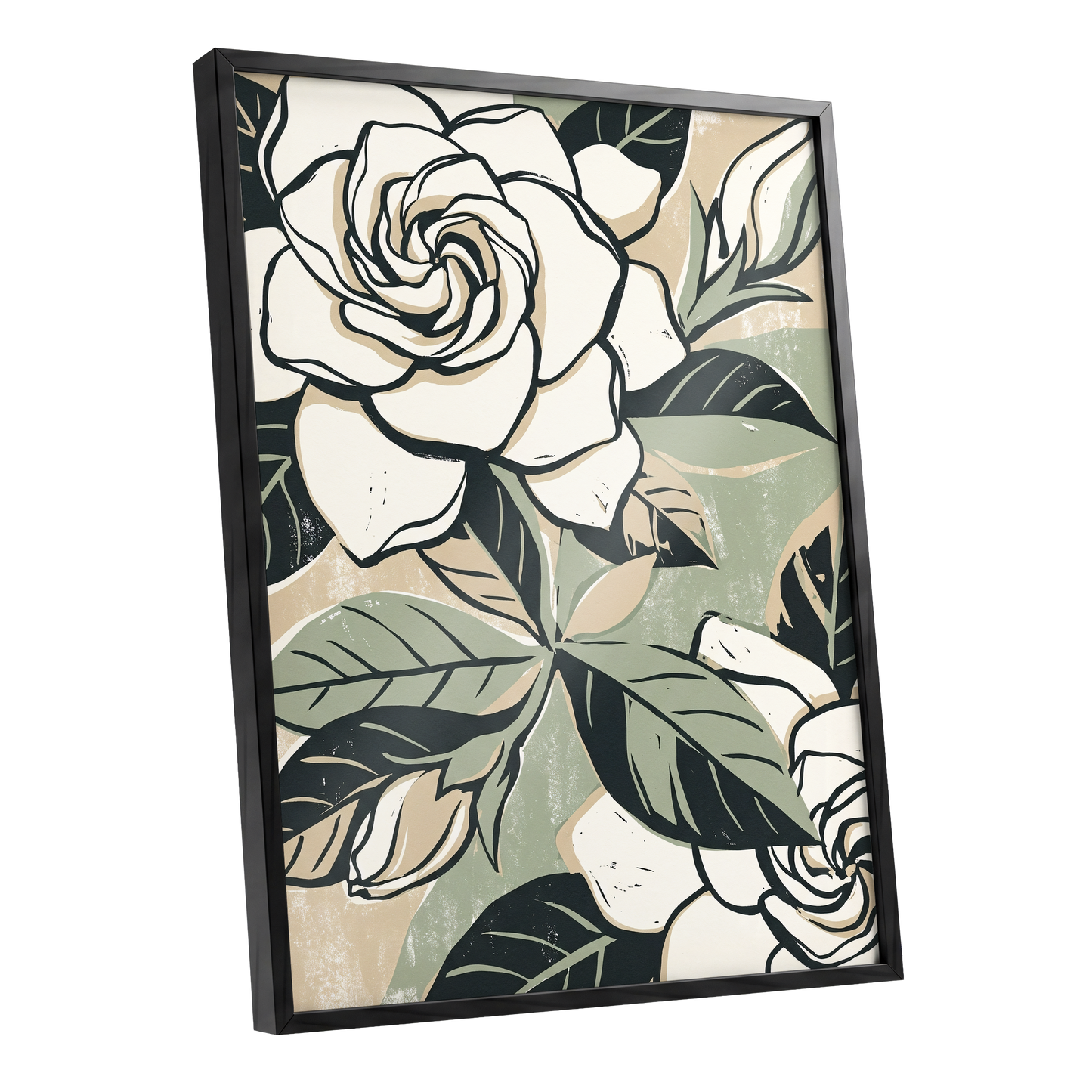 Ivory Rose Reverie, white, green, black floral wall art shown as a black framed poster wall art print