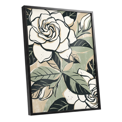 Ivory Rose Reverie, white, green, black floral wall art shown as a black framed poster wall art print