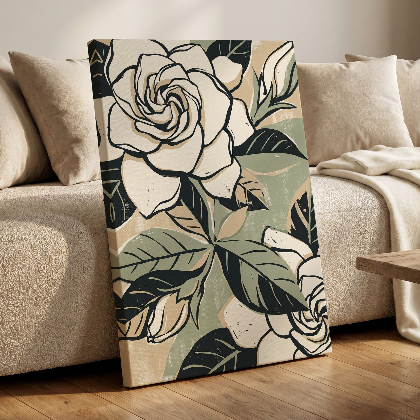 Ivory Rose Reverie, white, green, black floral wall art on canvas displayed in a styled interior, gallery view 1
