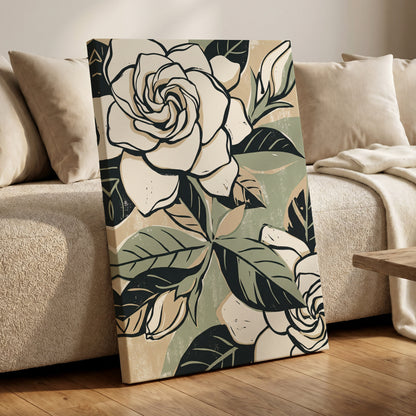 Ivory Rose Reverie, white, green, black floral wall art on canvas displayed in a styled interior, gallery view 1