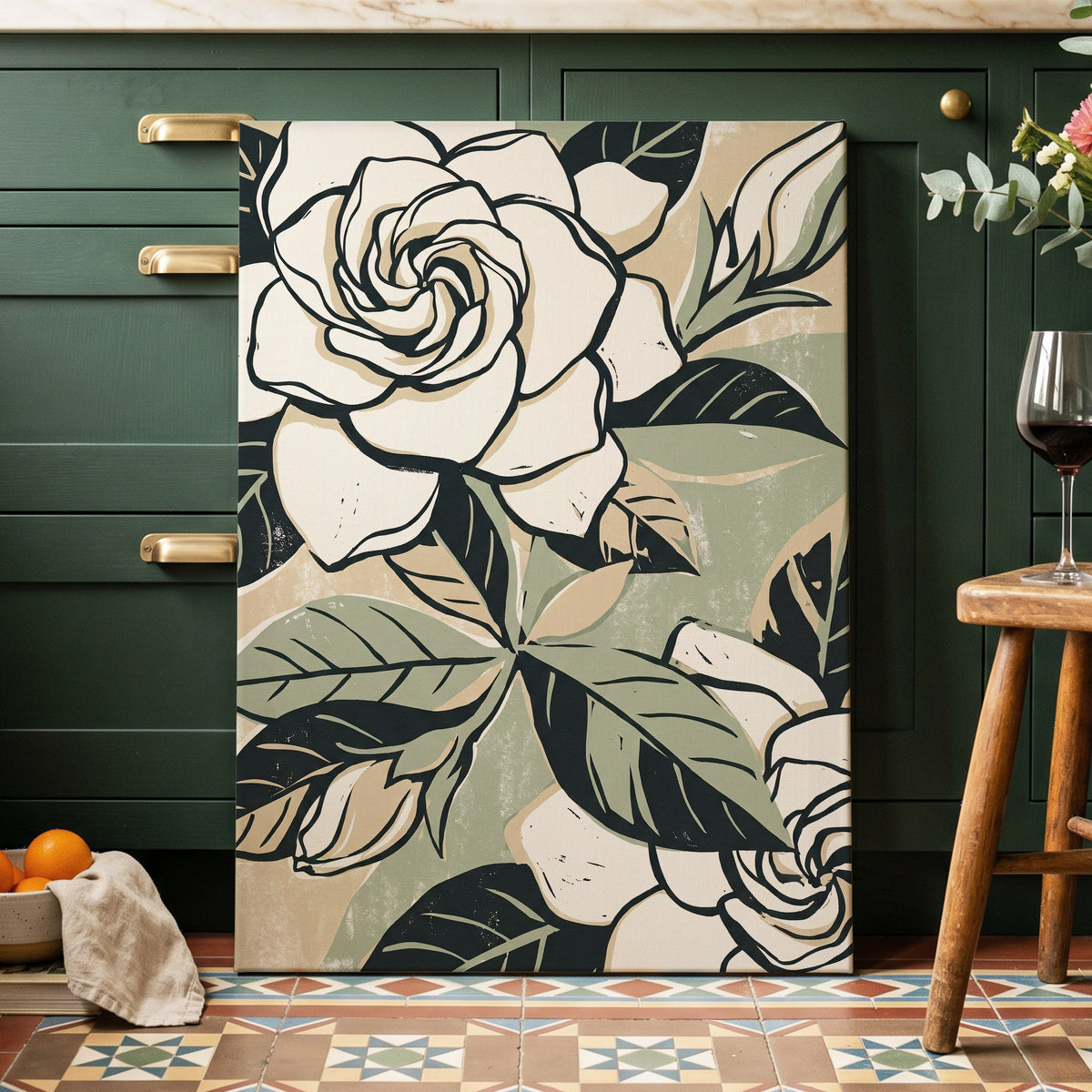 Ivory Rose Reverie, white, green, black floral wall art on canvas displayed in a styled interior, gallery view 2