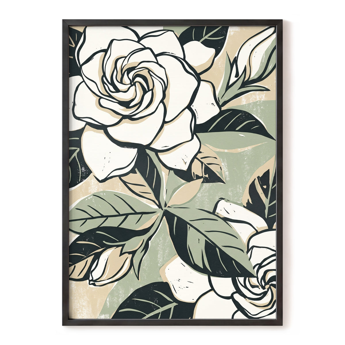 Ivory Rose Reverie, white, green, black floral wall art, front artwork view
