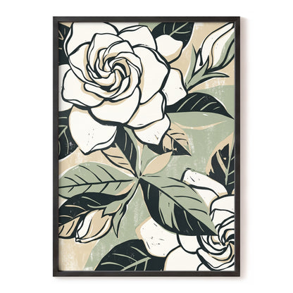Ivory Rose Reverie, white, green, black floral wall art, front artwork view