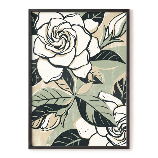 Ivory Rose Reverie, white, green, black floral wall art, front artwork view