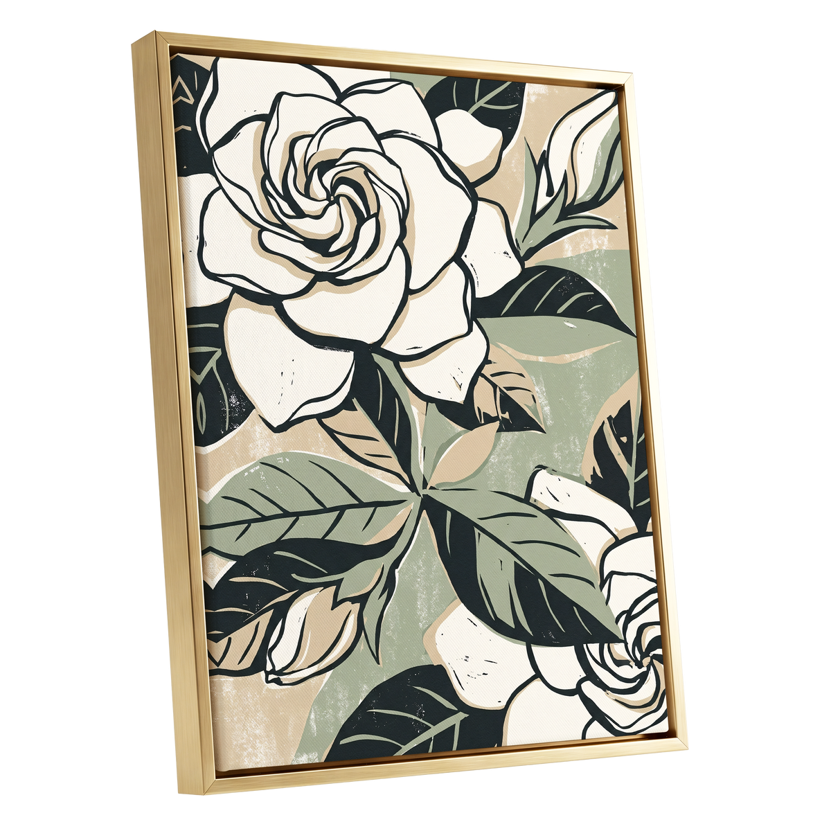 Ivory Rose Reverie, white, green, black floral wall art shown as a gold framed canvas wall art