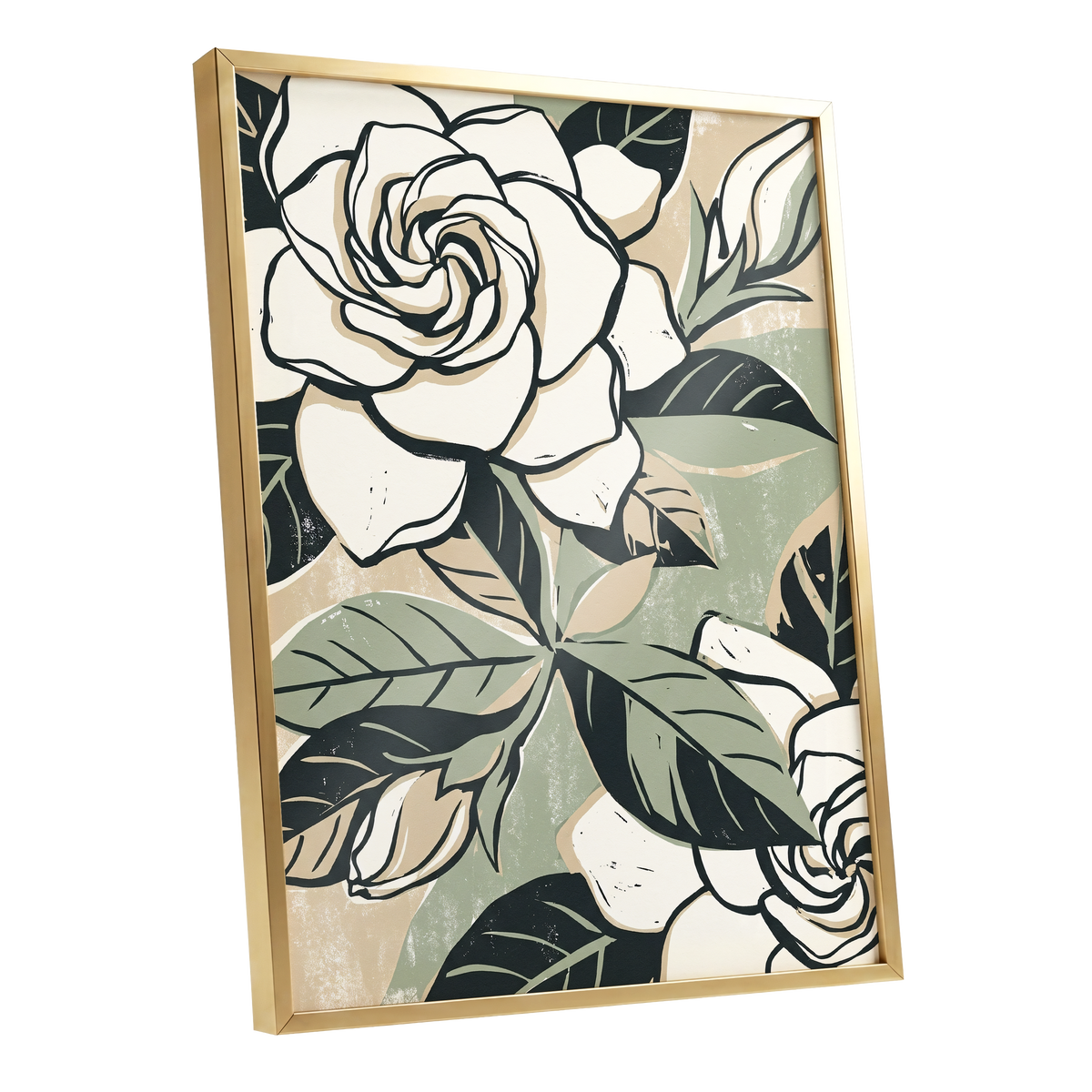 Ivory Rose Reverie, white, green, black floral wall art shown as a gold framed poster wall art print