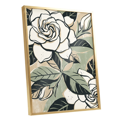Ivory Rose Reverie, white, green, black floral wall art shown as a gold framed poster wall art print